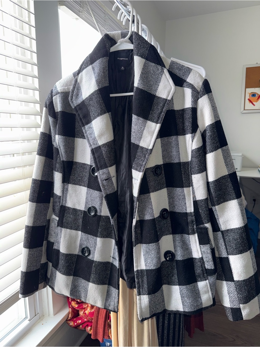 Rampage Black and White Buffalo Check Double-Breasted Pea Coat